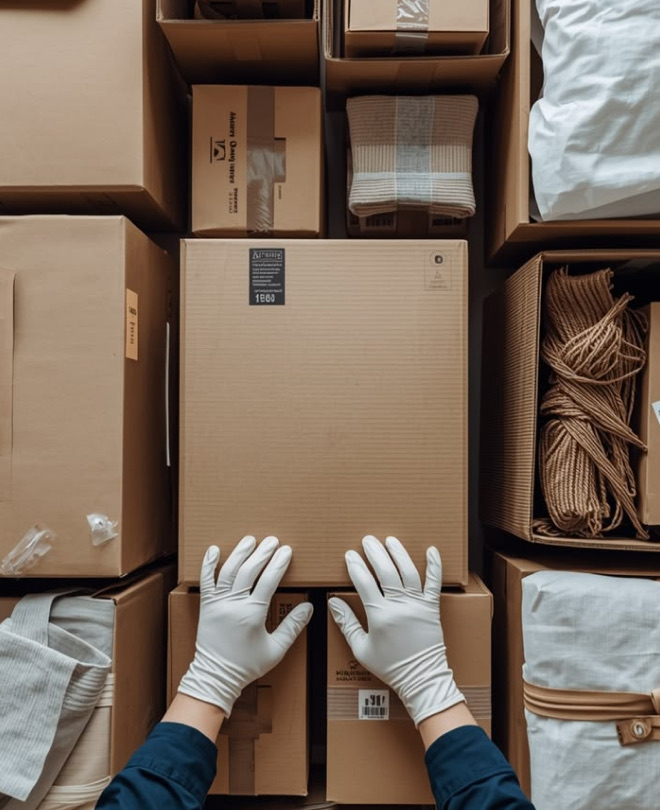 Gloved hands packing finished apparel into boxes