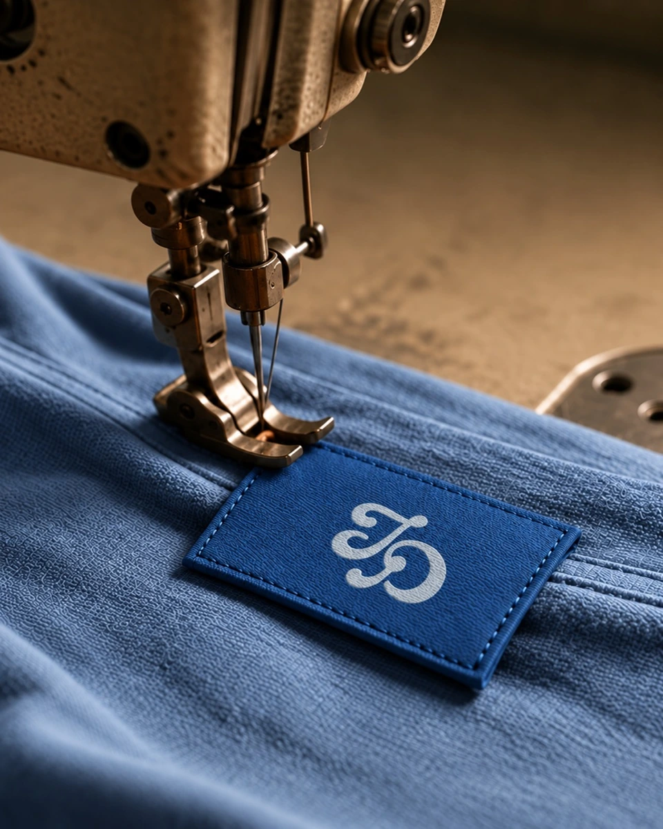 A woven Threado label being sewn onto a garment